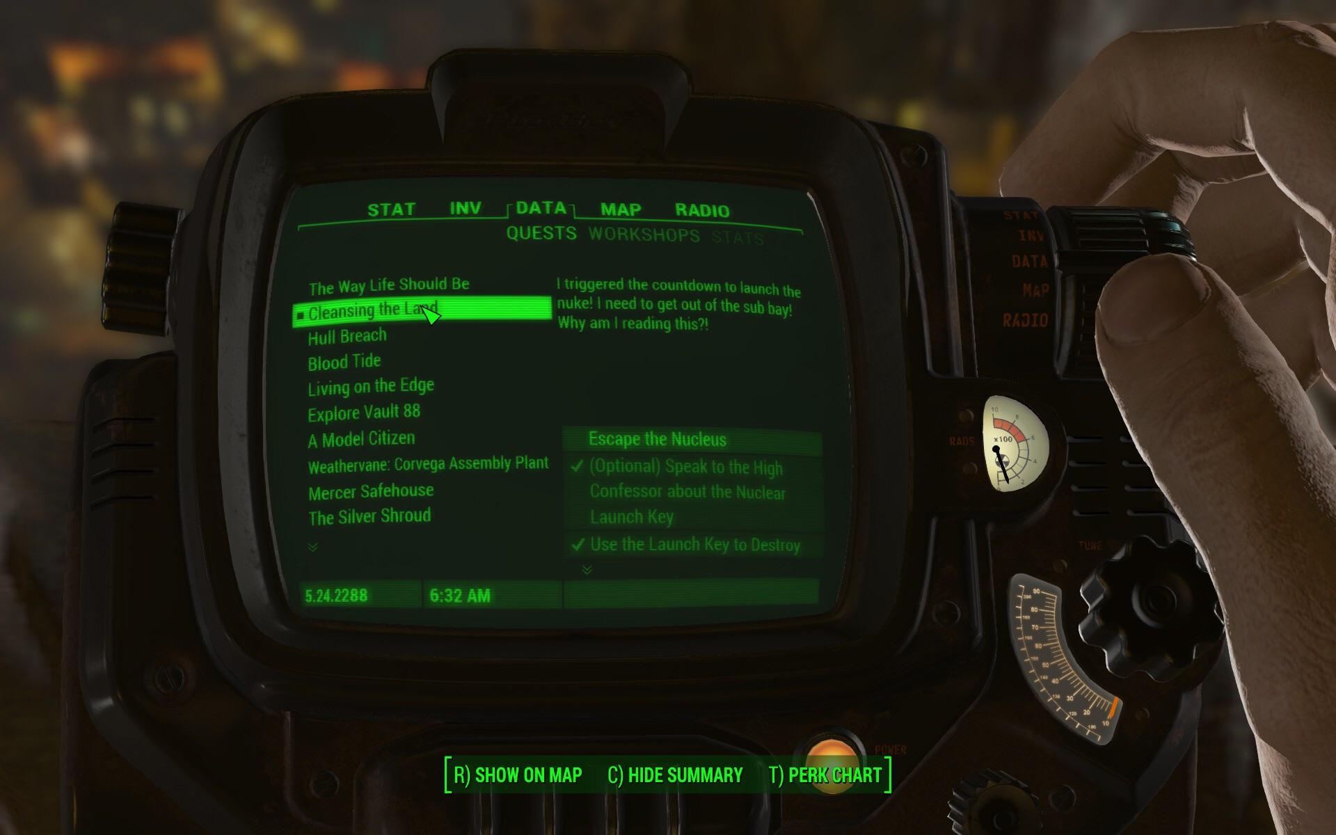 Image of the game Fallout 4 showing a Pip-Boy device with a quest on it