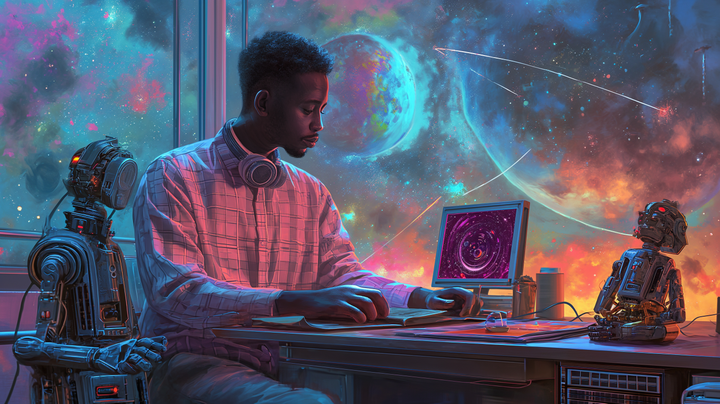 An African human male at his desk and a robot working in unison to create beatiful colorful heavenly imagery  - Midjourney
